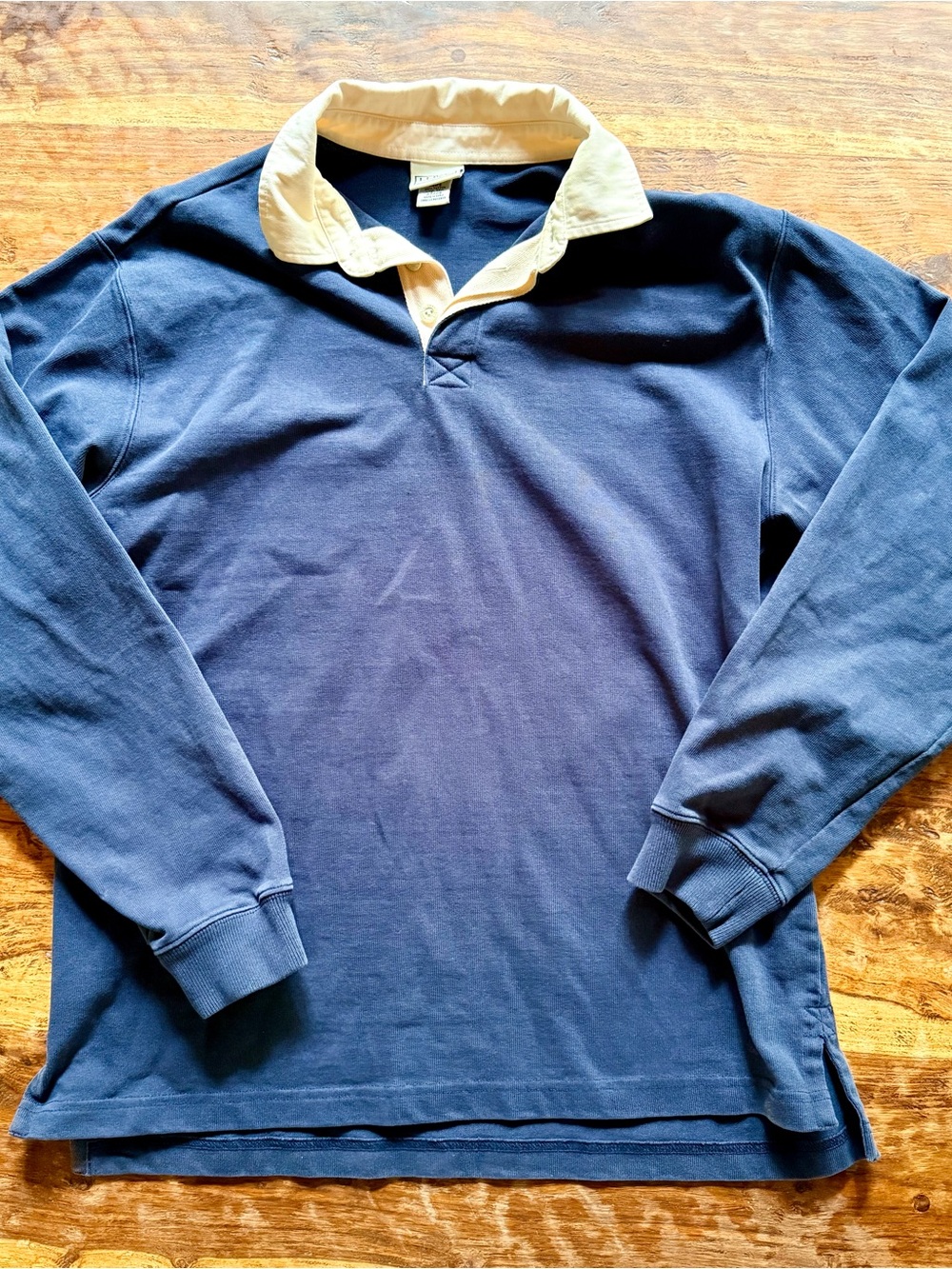 LL Bean Classic Navy Long-Sleeve Rugby Shirt with Cream Collar Men’s Medium